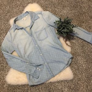 Distressed Polka Dot Denim Button-Up